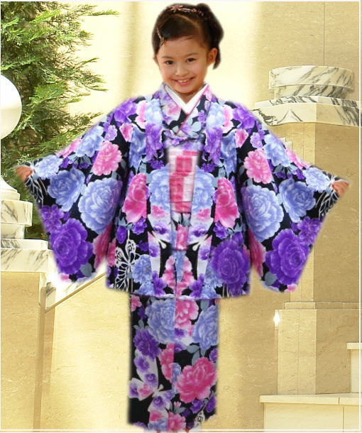 着物 子供用 キッズ ジュニア 女の子 お仕立て上がり 4点セット 黒地八重桜薔薇蝶 5〜6歳 7〜8歳 9〜10歳 洗える 女児